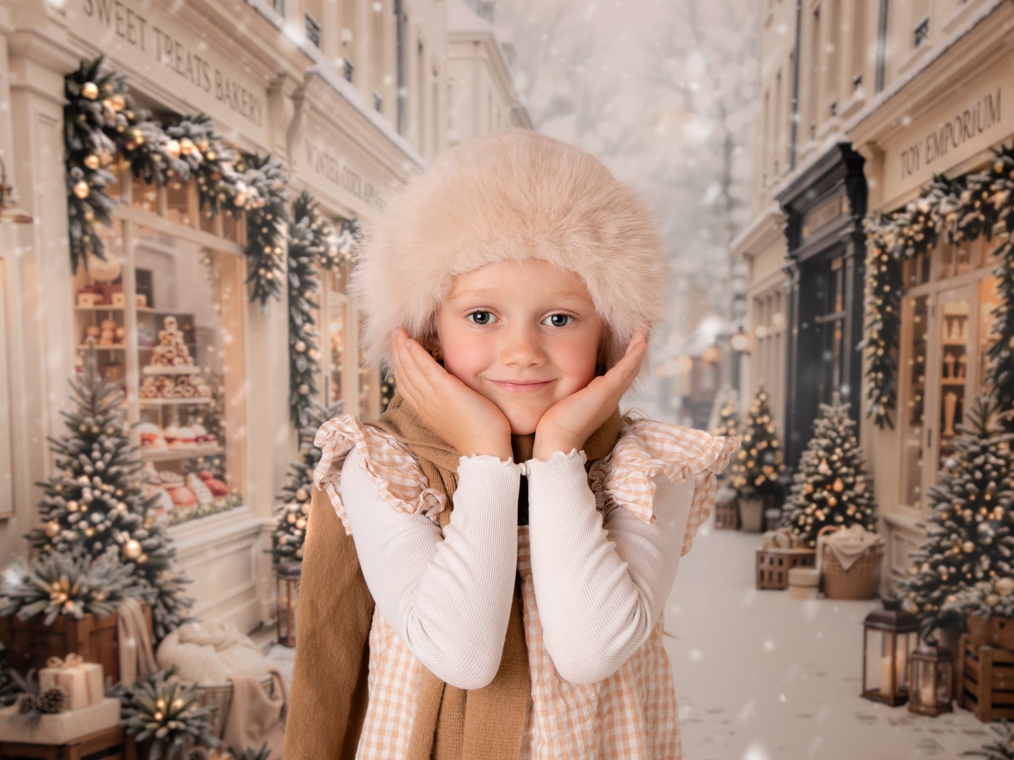 A girl wearing a cosy winter hat on the snowy Christmas street set.