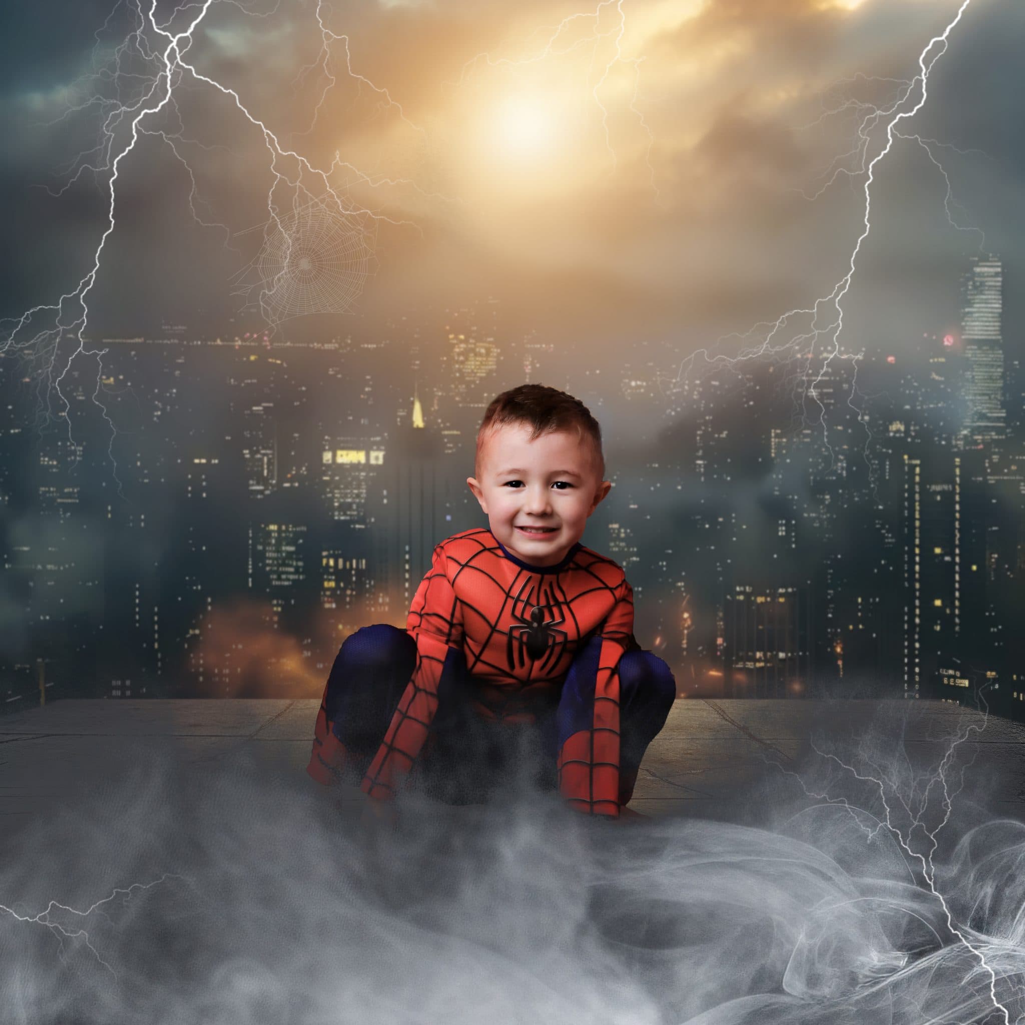 Child superhero portrait with dramatic lighting.