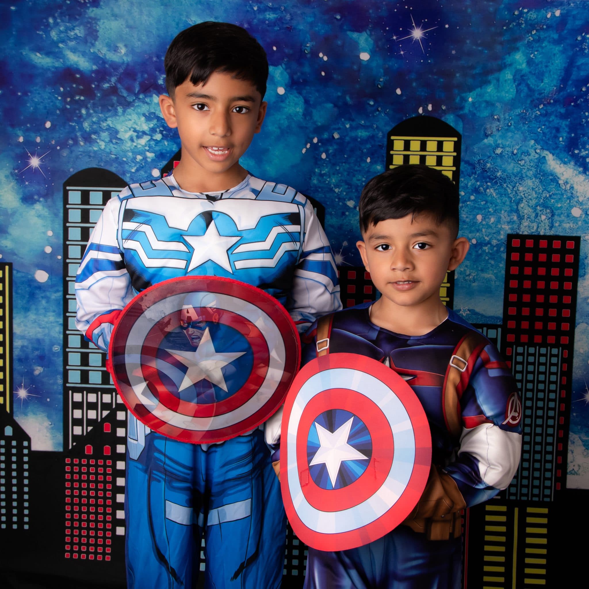 Superhero costume portrait with bold styling.