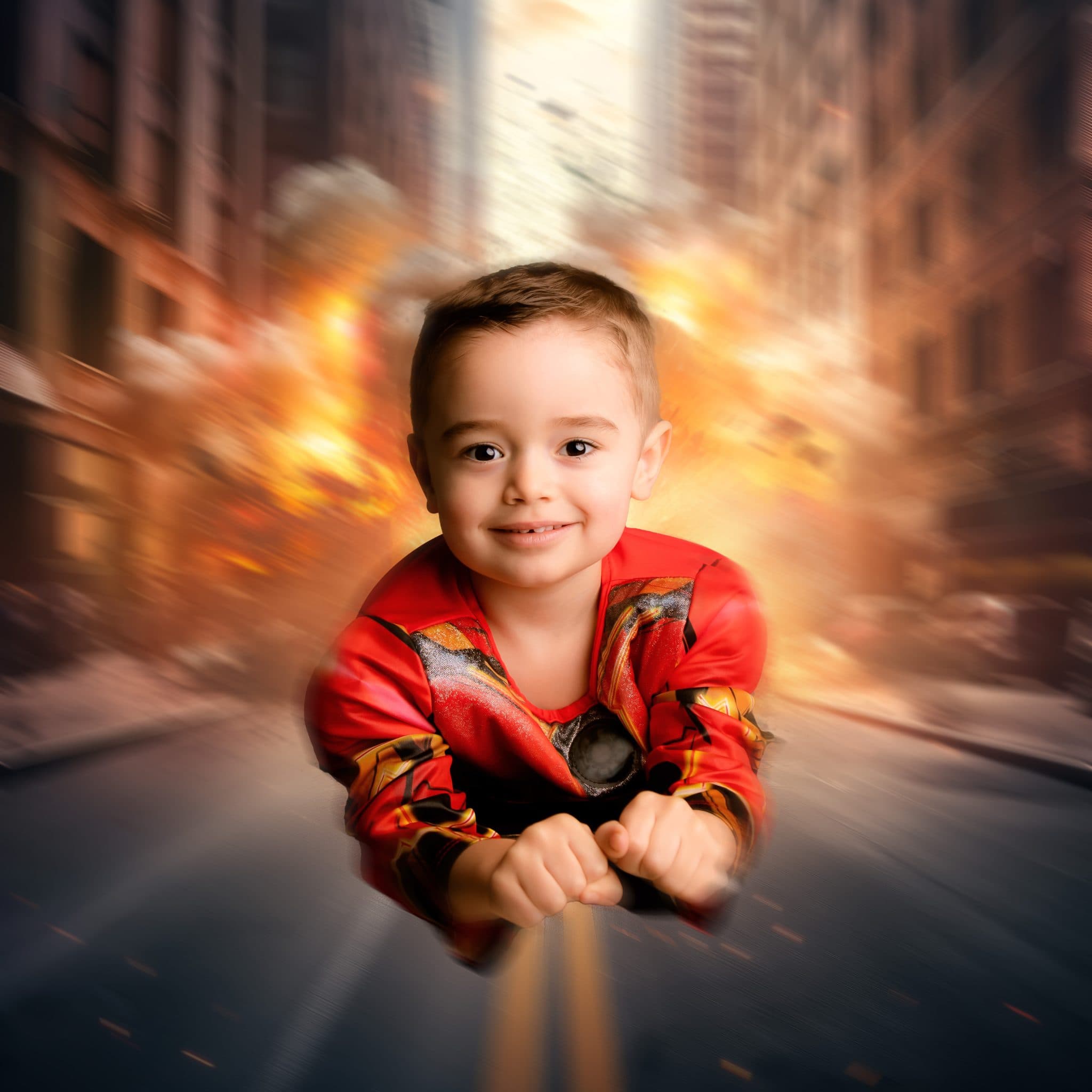Playful superhero stance on themed backdrop.